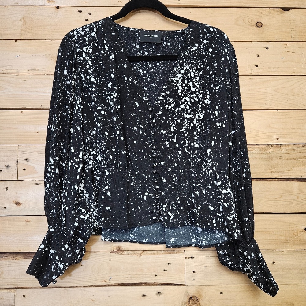 The Kooples Top 3 US Large Silk Blend Black Paint Splatter Peplum Hem